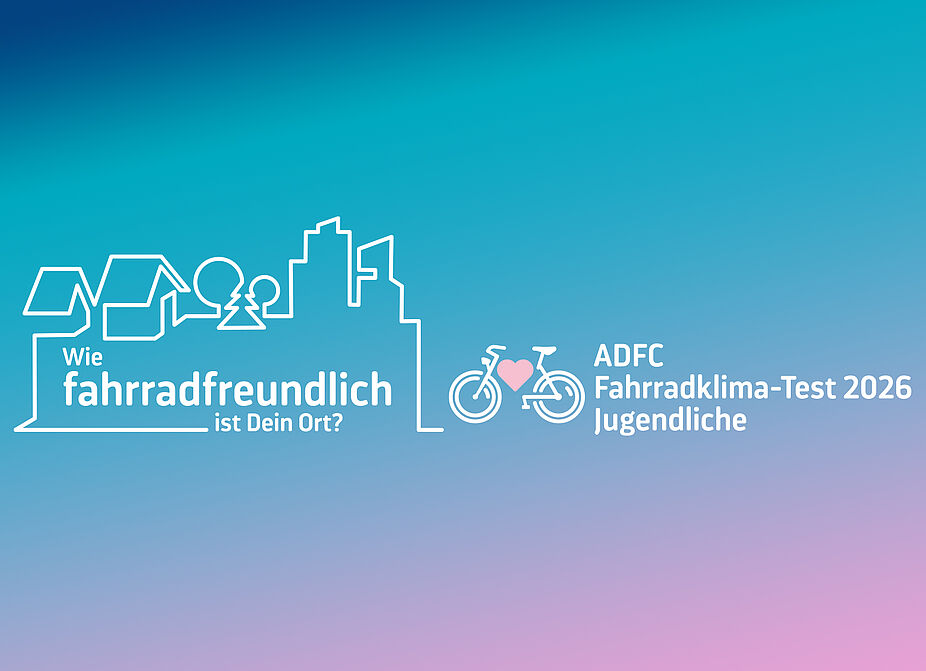 Fahrradklima-Test 2026 Jugendliche Keyvisual Grafik mit Häusern, Stadtumriss und Fahrrad. Daneben steht: ADFC Fahrradklima-Test 2026 Jugendliche.